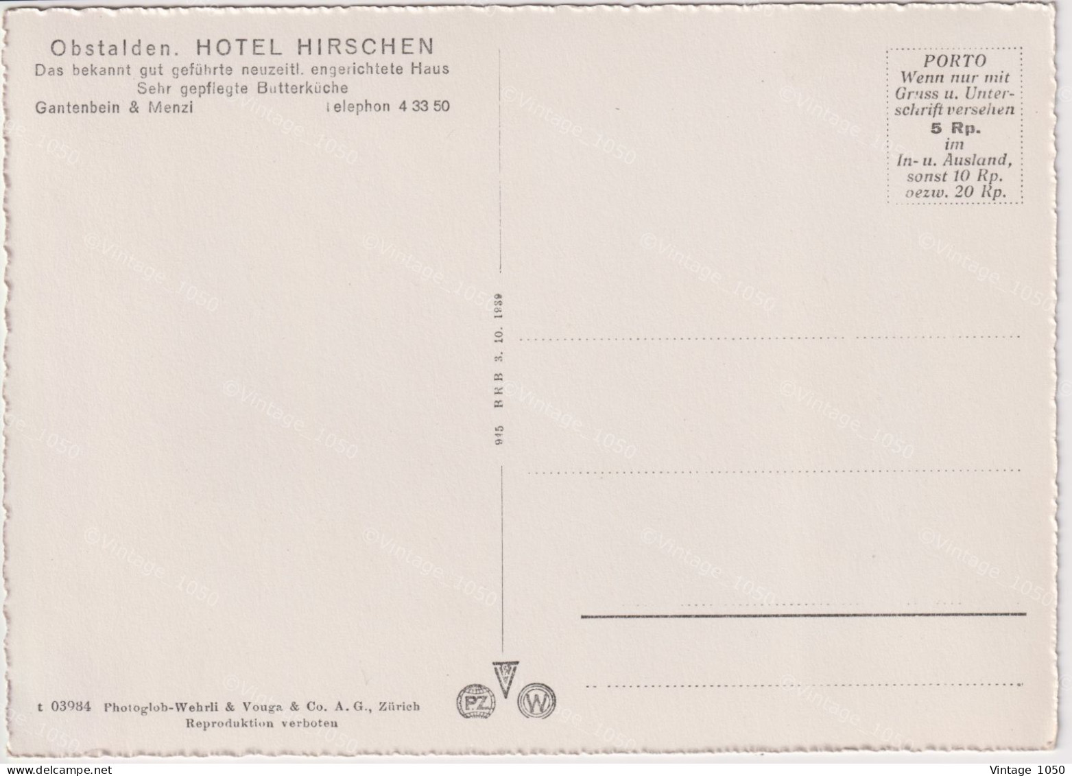 HOTEL HIRSCHEN Obstalden Uber Der WALENSEE 700m-1000m  N°03984 Edit. Wehrli   Circa 1950 +/- 10x15cm #260677 - Obstalden