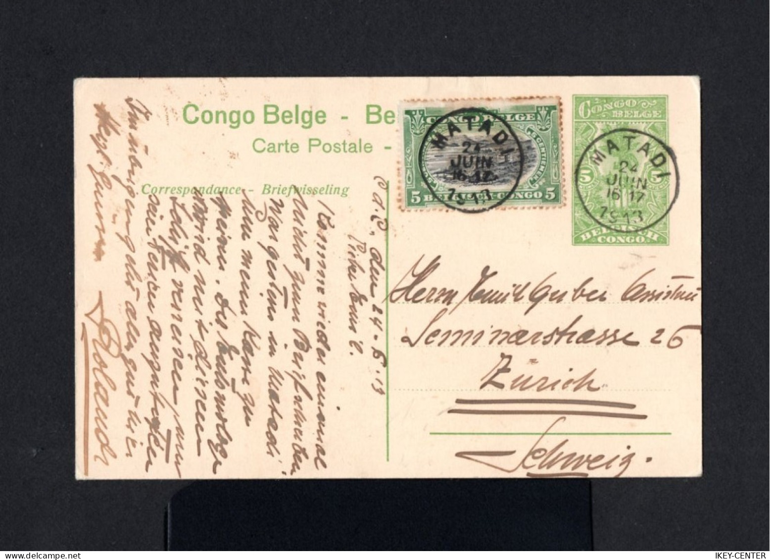 K413-BELGIAN CONGO-OLD POSTCARD MATADI To ZURICH (switzerland) 1913.WWI.Carte Postale CONGO BELGE.Postkarte - Storia Postale