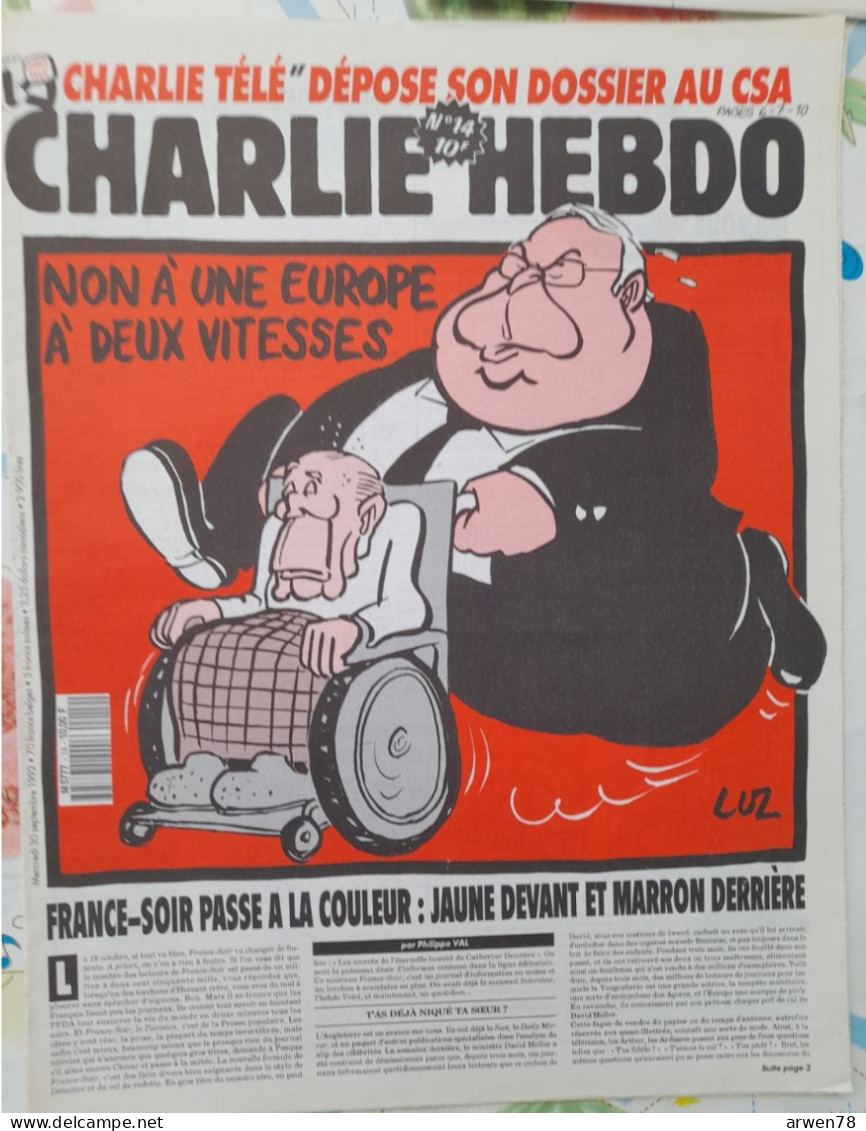 CHARLIE HEBDO 1992 N° 14 MITTERRAND NON A UNE EUROPE A DEUX VITESSES - Humor