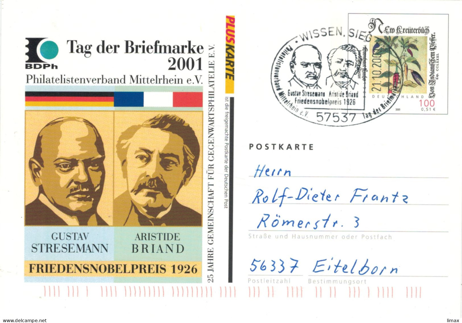 Ganzsache Gustav Stresemann Aristide Briand - Dt.-frz. Freundschaft - Deutschland Hat Wieder Ansehen Friedensnobelpreis - Cartes Postales Privées - Oblitérées