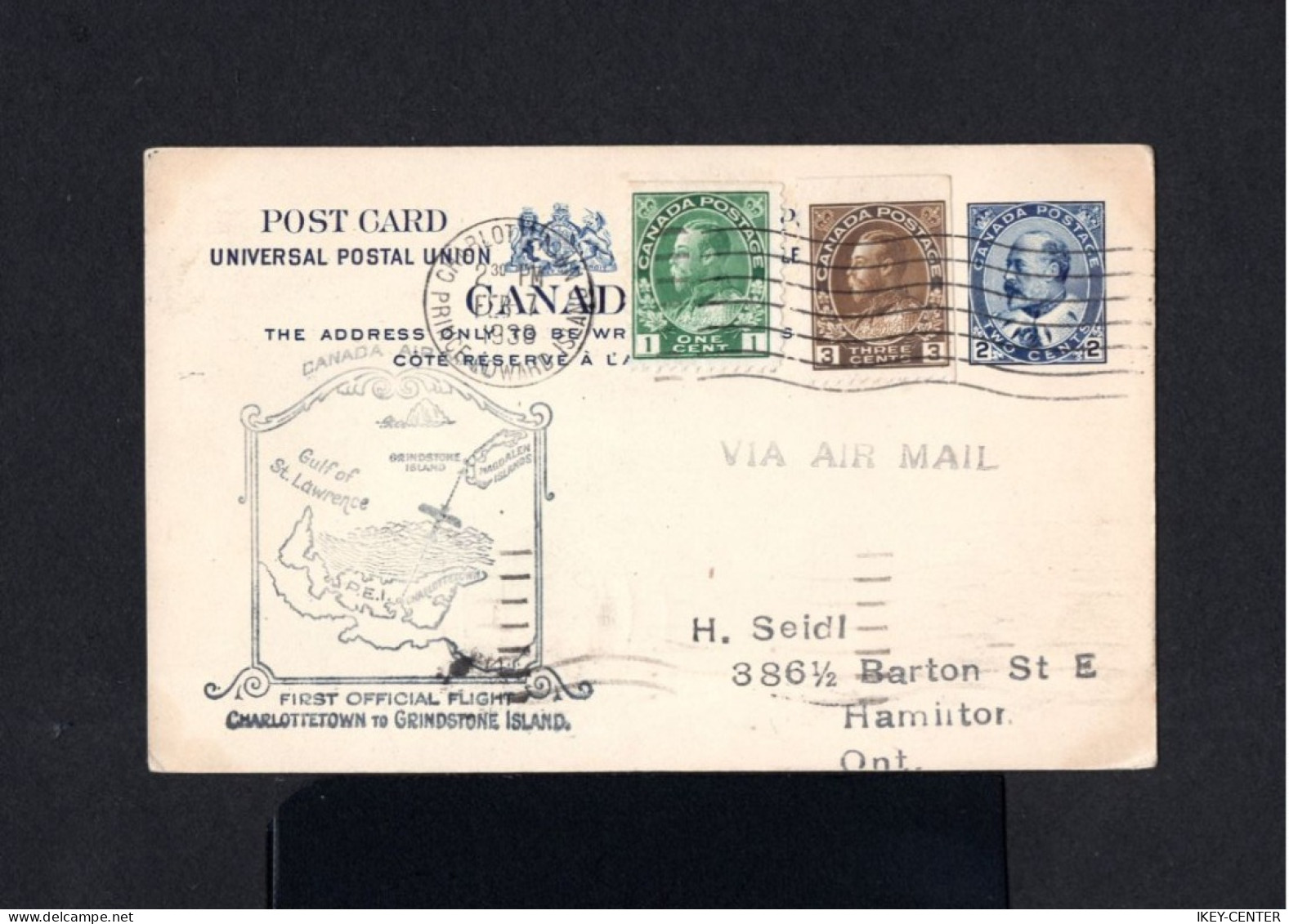 10293-CANADA-AIRMAIL POSTCARD CHARLOTTETOWN To HAMILTON (ontario)1933.WWII.CARTE POSTALE.POSTKARTE.First Official Flight - Lettres & Documents