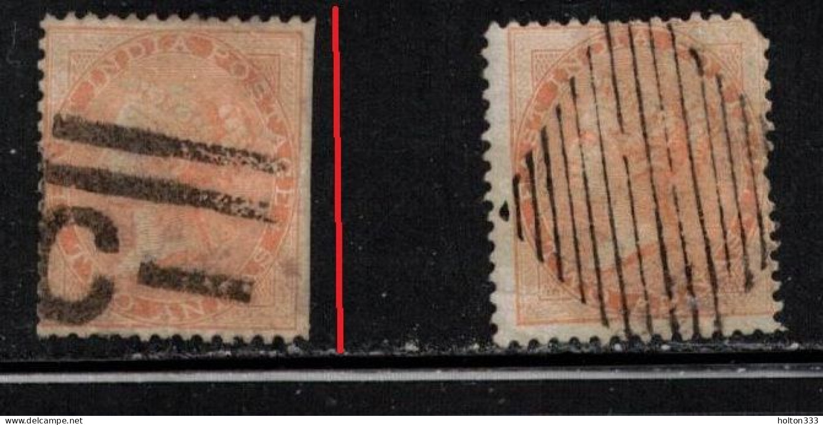 INDIA Scott # 23 Used X 2 - QV - Hinge Remnant - Clipped Perfs On 1 Stamp - 1854 Compagnia Inglese Delle Indie