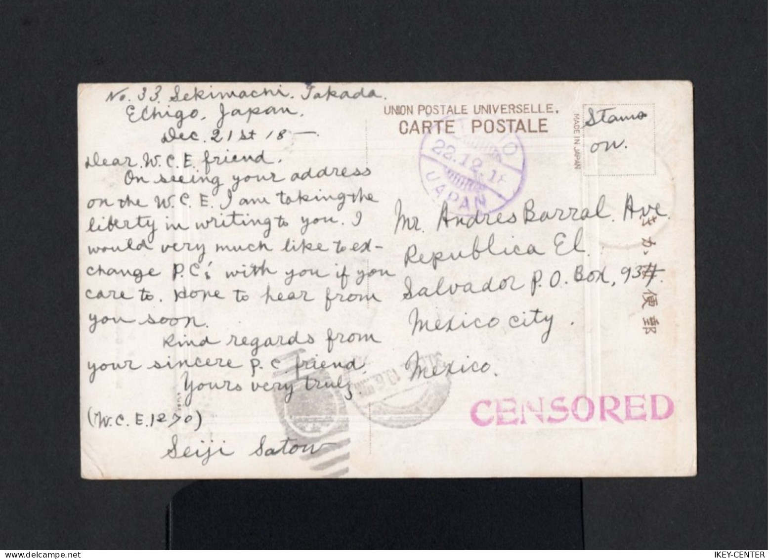 K404-JAPAN-OLD CENSOR POSTCARD ECHIGO To MEXICO.1918.WWI.carte Postale JAPON .UPU.POSTKARTE - Brieven En Documenten