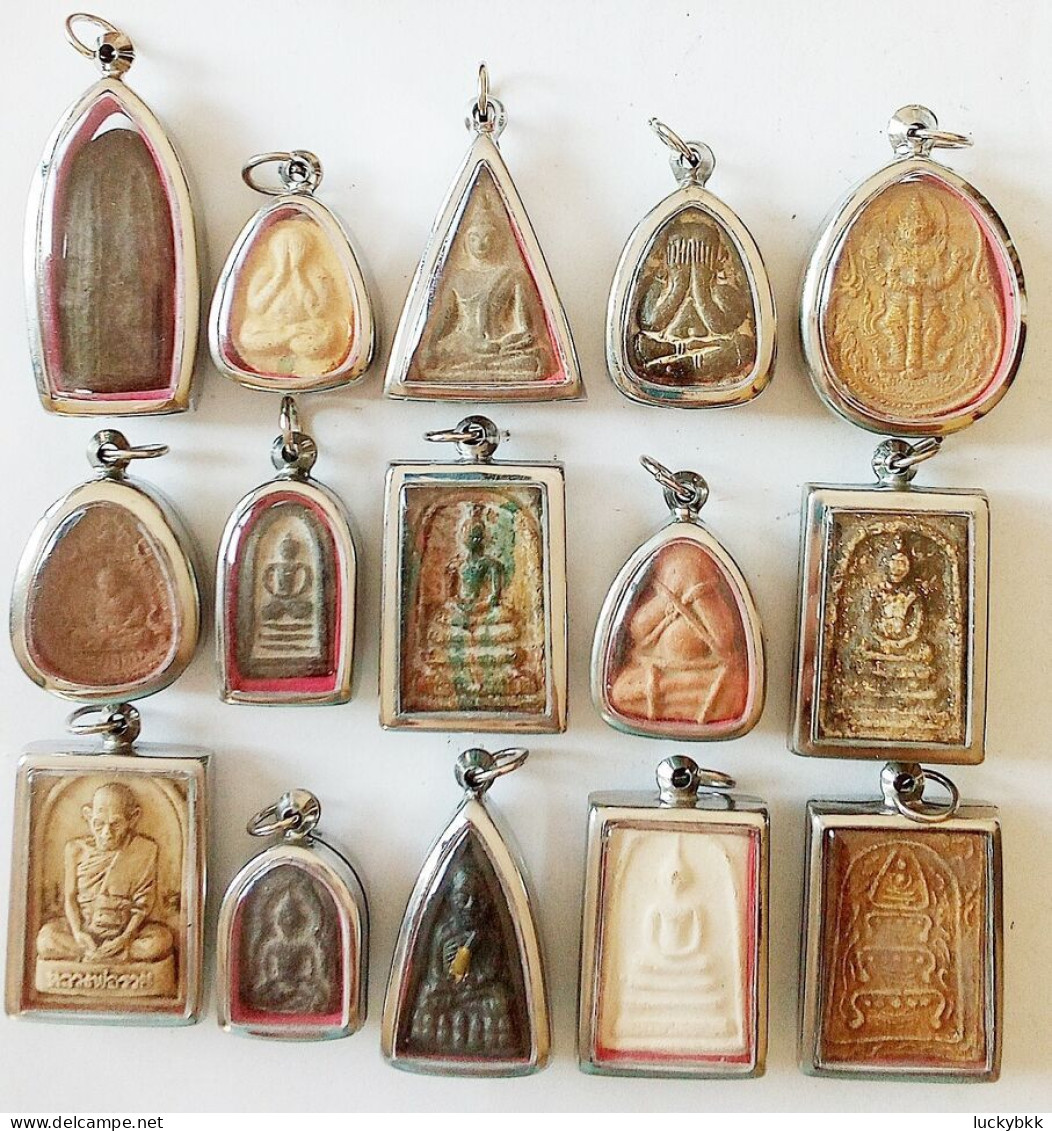 SET OF 15 THAI BUDDHIST BLESSED MEDALLION CLAY AMULETS - Countries