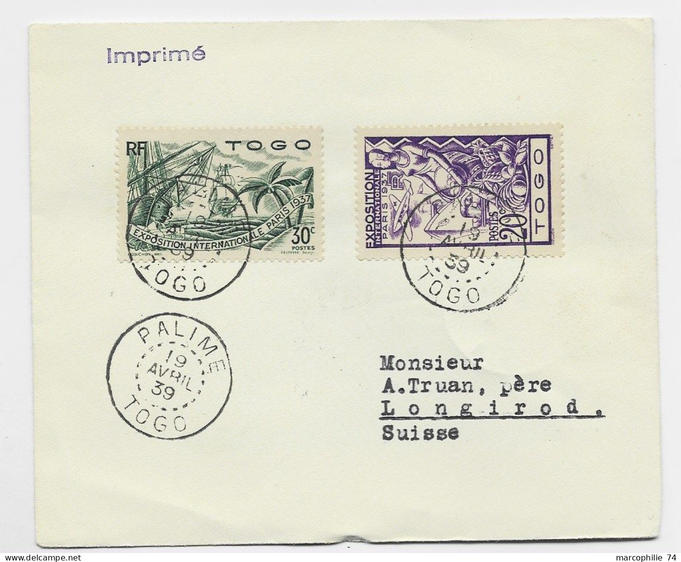 TOGO 30C+20C   LETTRE COVER  PALIME 19 AVRIL 1939 TO SUISSE - Lettres & Documents