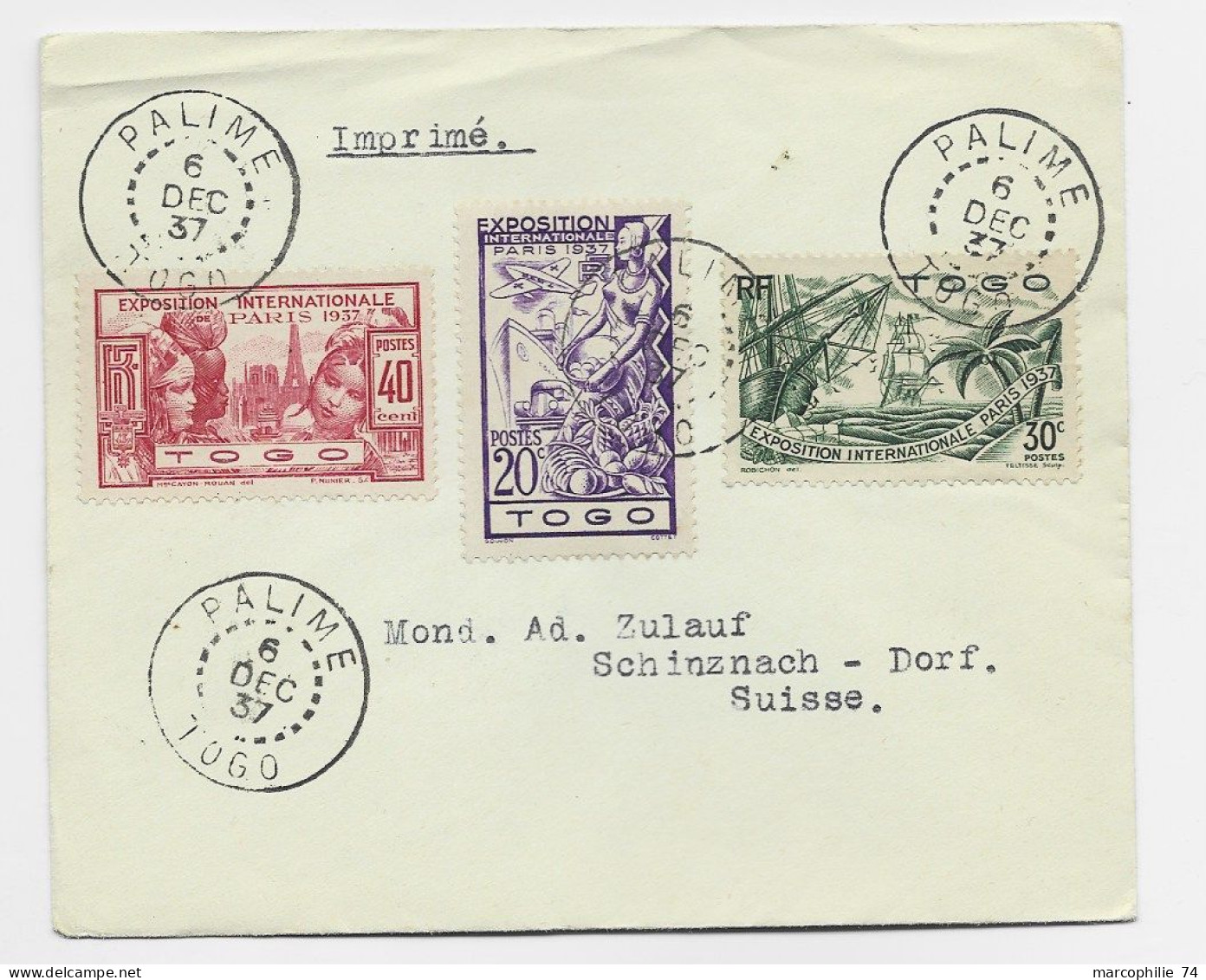 TOGO 30C+20C +40C   LETTRE COVER  PALIME 6 DEC 1937  TO SUISSE - Cartas & Documentos