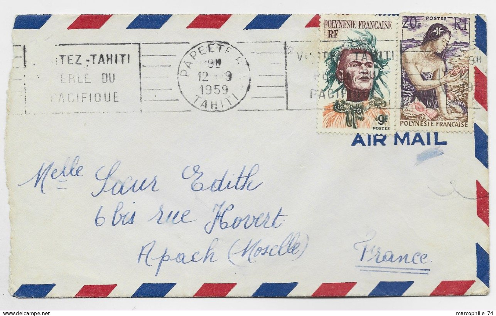 POLYNESIE 20FR+9FR LETTRE COVER AVION MEC PAPEETE RP 12.8.1959 TAHITI POUR ASPACH MOSELLE - Storia Postale