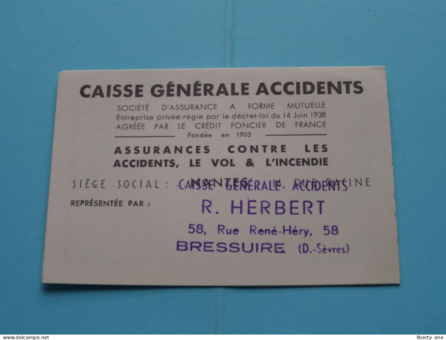 La CAISSE Générale ACCIDENTS > Rue Racine NANTES (FR) > ( Zie / Voir SCANS ) CDV ! - Cartes De Visite