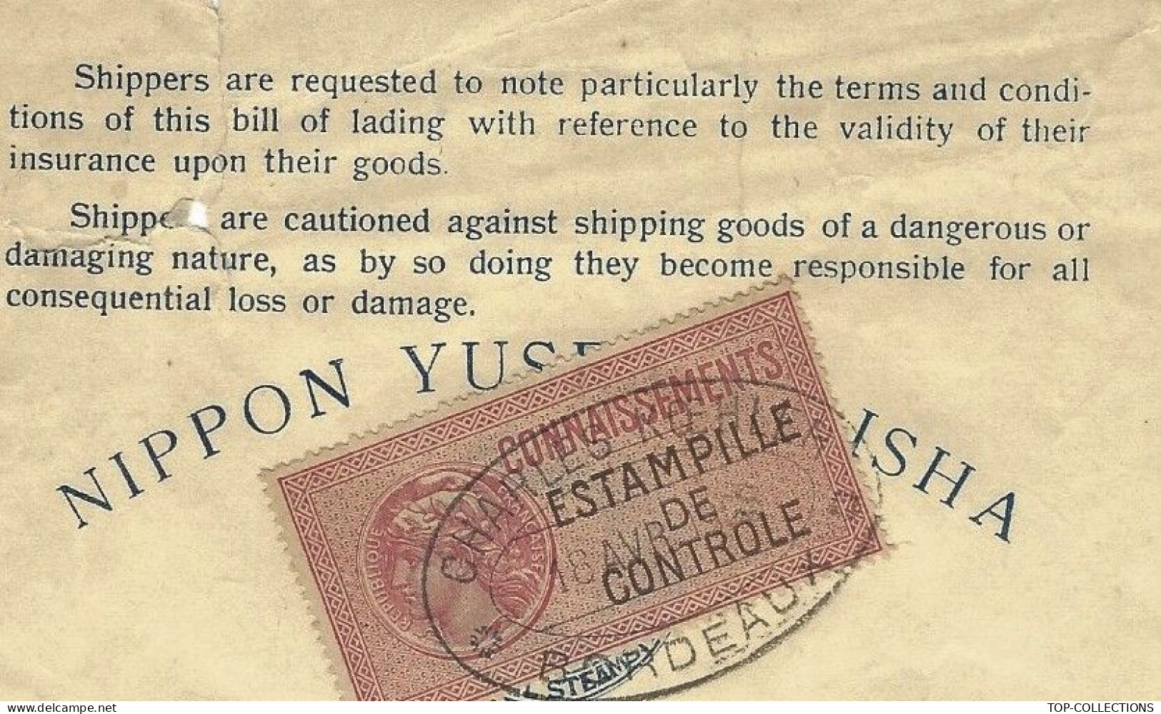 1908 NAVIGATION BILLL OF LADING CONNAISSEMENT NIPPON   YUSEN KEISHA  VIN DE BORDEAUX  LALANDE > Kobé Japon V.HISTORIQUE - 1800 – 1899