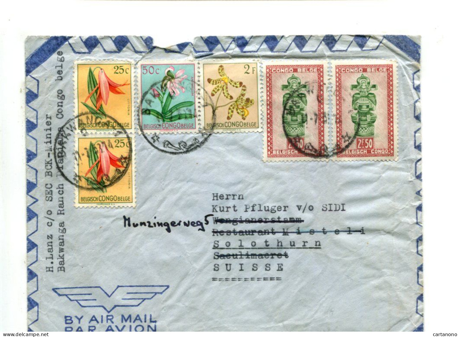 CONGO BELGE - Affranchissement Sur Lettre Par Avion Pour La Suisse - Fleurs / Statuette - Storia Postale