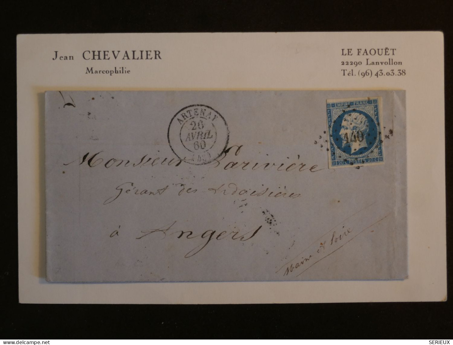 BV8 FRANCE BELLE LETTRE1860 ARTENAY A ANGERS    +NAPOLEON N°14 +++AFF. INTERESSANT+ - 1853-1860 Napoleone III