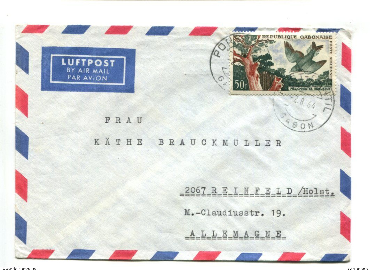 République Gabonnaise - Affranchissement Sur Lettre Par Avion Pour L'Allemagne  - P.A. 50F Oiseau - Gabon