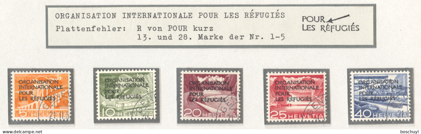 Switzerland, IRO, 1950, International Refugee Organization, Plate Errors, Short R In POUR, Cancelled, Michel 1-5 I - Service