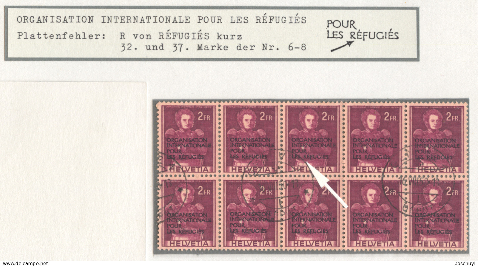 Switzerland, IRO, 1950, International Refugee Organization, Plate Error, Short R In REFUGIES, 2 Fr, Cancelled, Michel 8 - Service