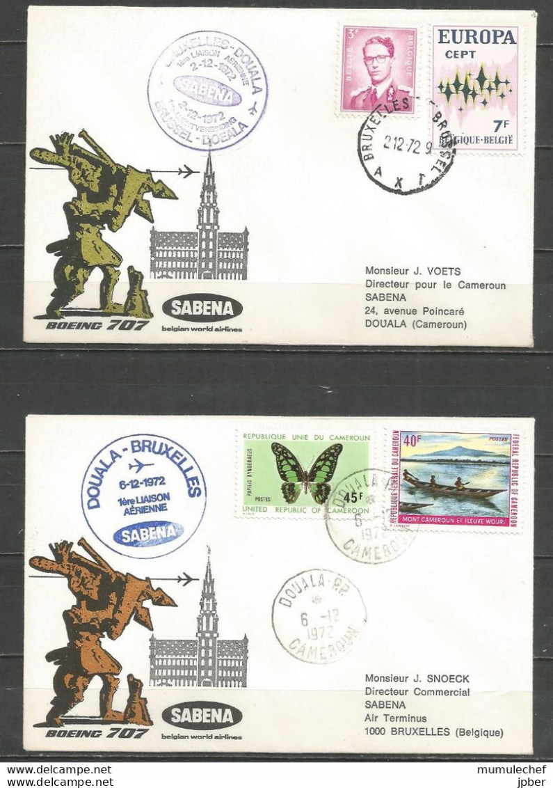 Belgique - Poste Aérienne - Sabena - 1ère Liaison Bruxelles-Douala (Cameroun)-Bruxelles 2-12-1972 - Brieven En Documenten