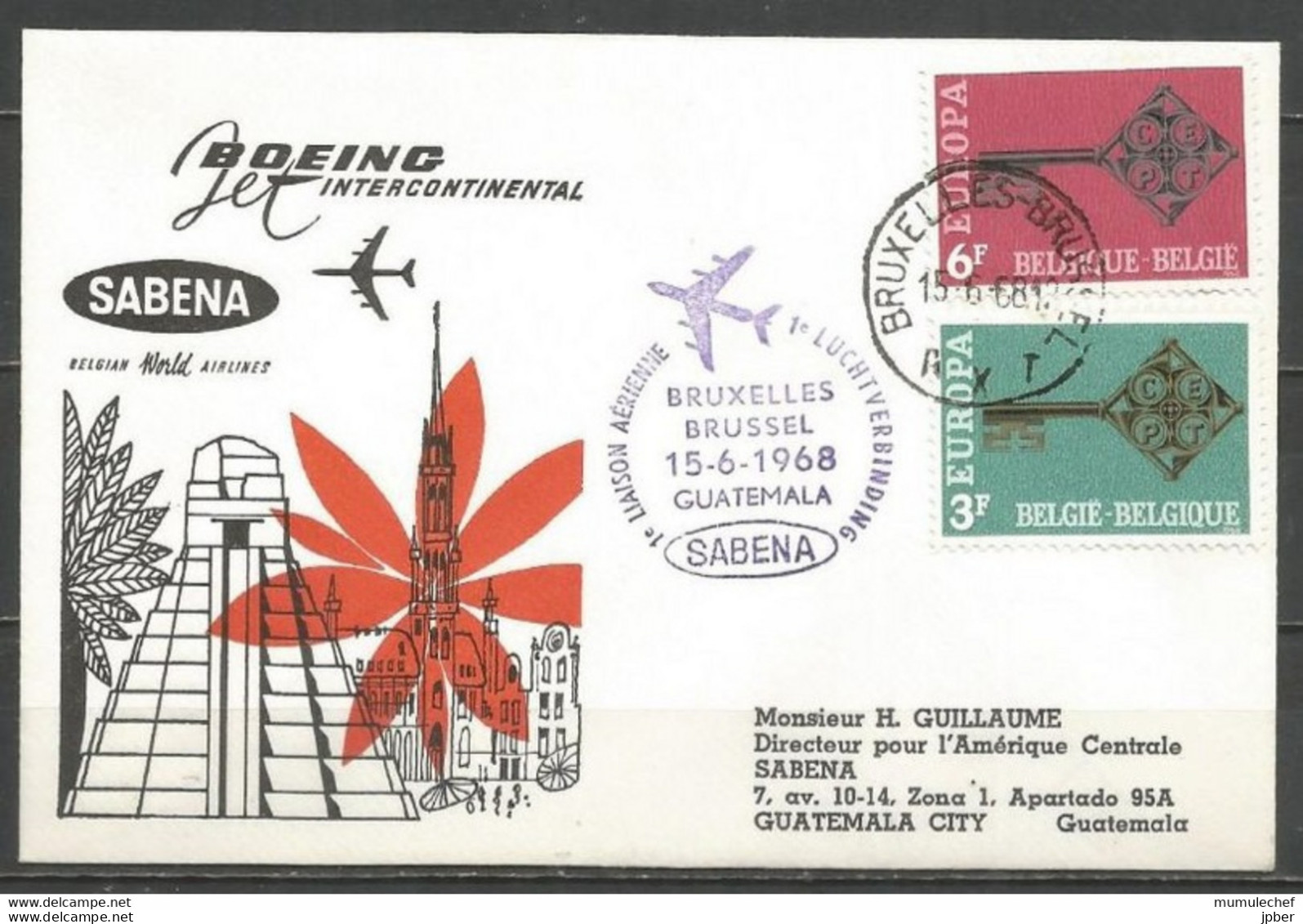 Belgique - Poste Aérienne - Sabena - 1ère Liaison Bruxelles-Guatemala 15/6/1968 - Lettres & Documents