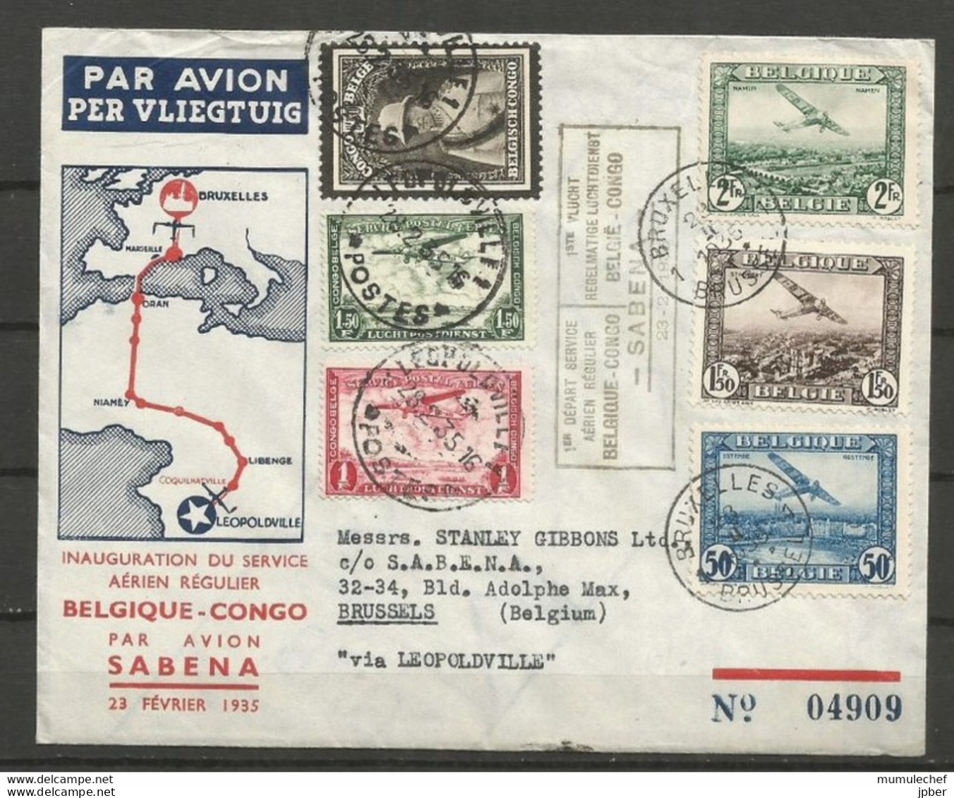 Belgique Et Congo - Poste Aérienne - N°1à3 - Lettre Aller Et Retour Bruxelles - Léopoldville 23 Et 28 Février 1935 - Other & Unclassified