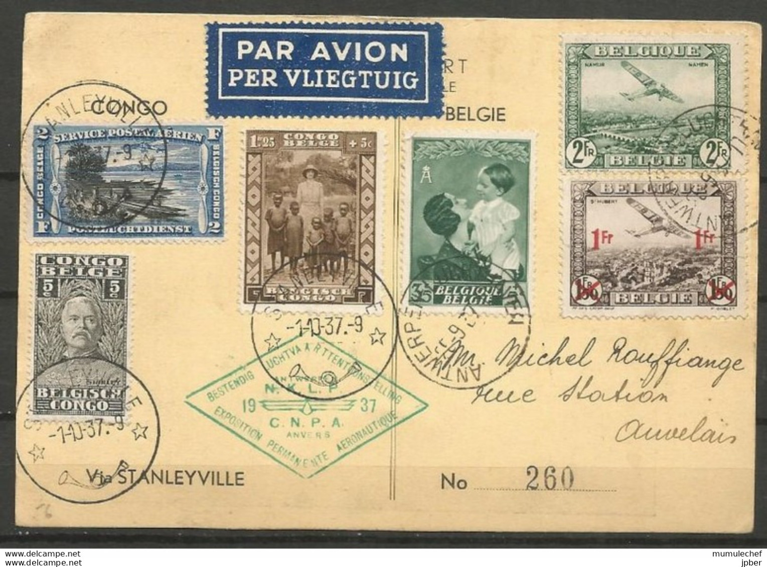 Belgique Et Congo - Poste Aérienne - Carte Anvers-Stanleyville Du 25/9/37 - Exposition Aéronautique - Sonstige & Ohne Zuordnung