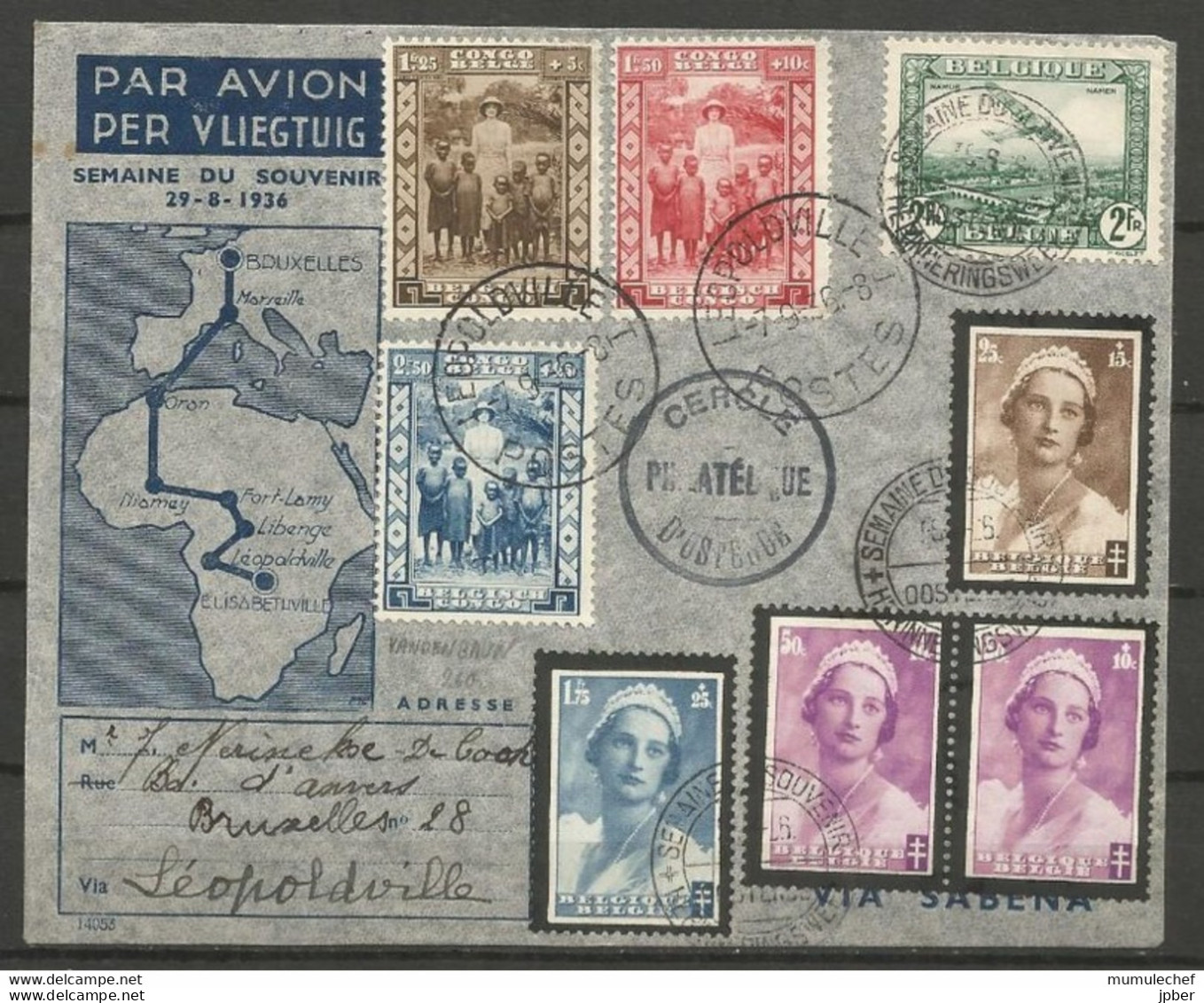 Belgique Et Congo - Poste Aérienne - Lettre Bruxelles - Léopoldville - Reine Astrid - 7/9/36 - Autres & Non Classés