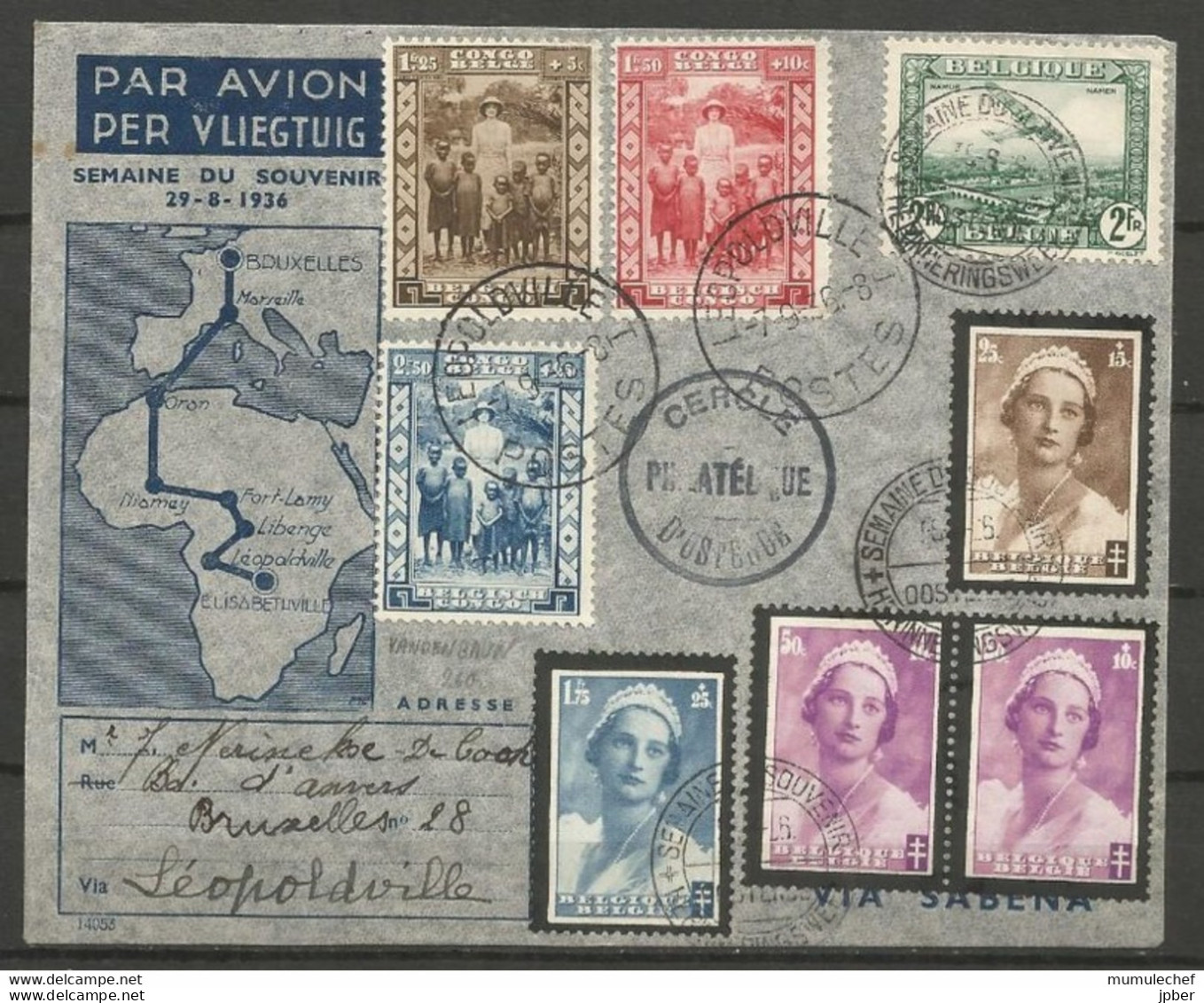 Belgique Et Congo - Poste Aérienne - Lettre Bruxelles - Léopoldville - Reine Astrid - 7/9/36 - Andere & Zonder Classificatie