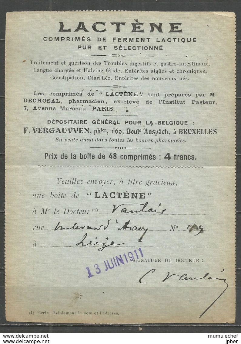 Belgique - Carte-Lettre Publicitaire - LACTENE Comprimés De Ferment Lactique - Pharmacien DECHOSAL - Kartenbriefe