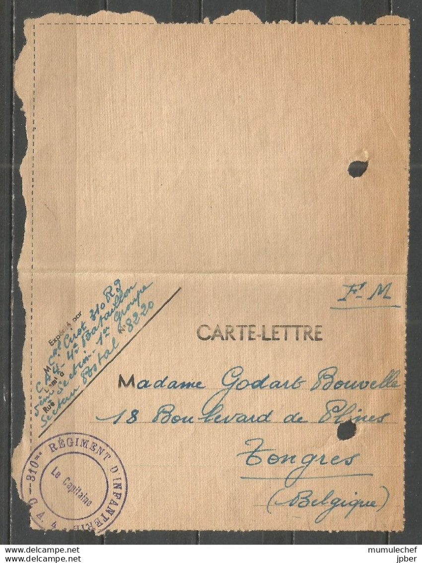 Belgique - Carte-Lettre - Franchise Militaire - 8/11/39 - 310e Régiment D'infanterie - Carte-Lettere