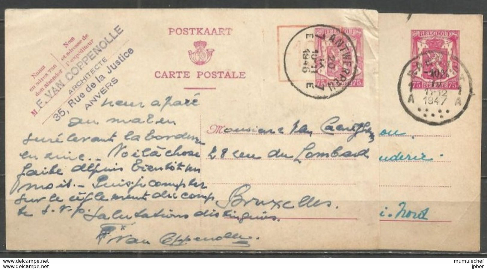 Belgique - Cartes Postales Lion Héraldique 75c Surchargé -10% Rouge (502 Antwerpen) Et Noire ( Atelier Du Timbre,Ransart - Cartes Postales 1934-1951