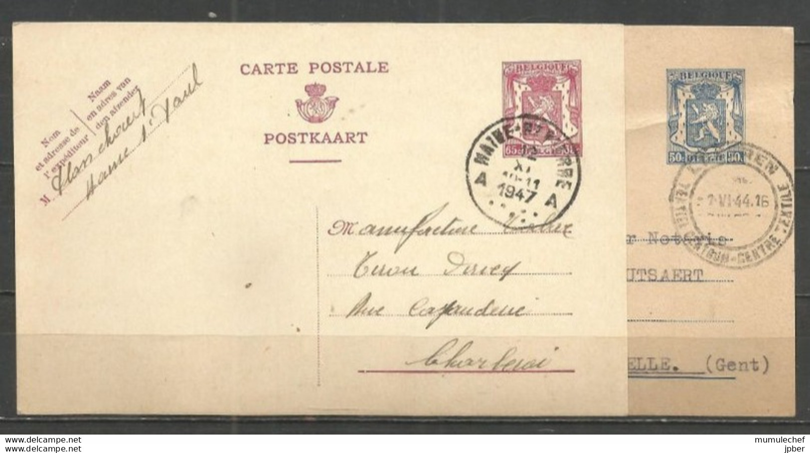Belgique - Cartes Postales Lion Héraldique 50c Et 65c - Obl. Haine-st-Pierre 12-XI-1947 Et Lokeren 2-VI-1944 - Cartoline 1934-1951