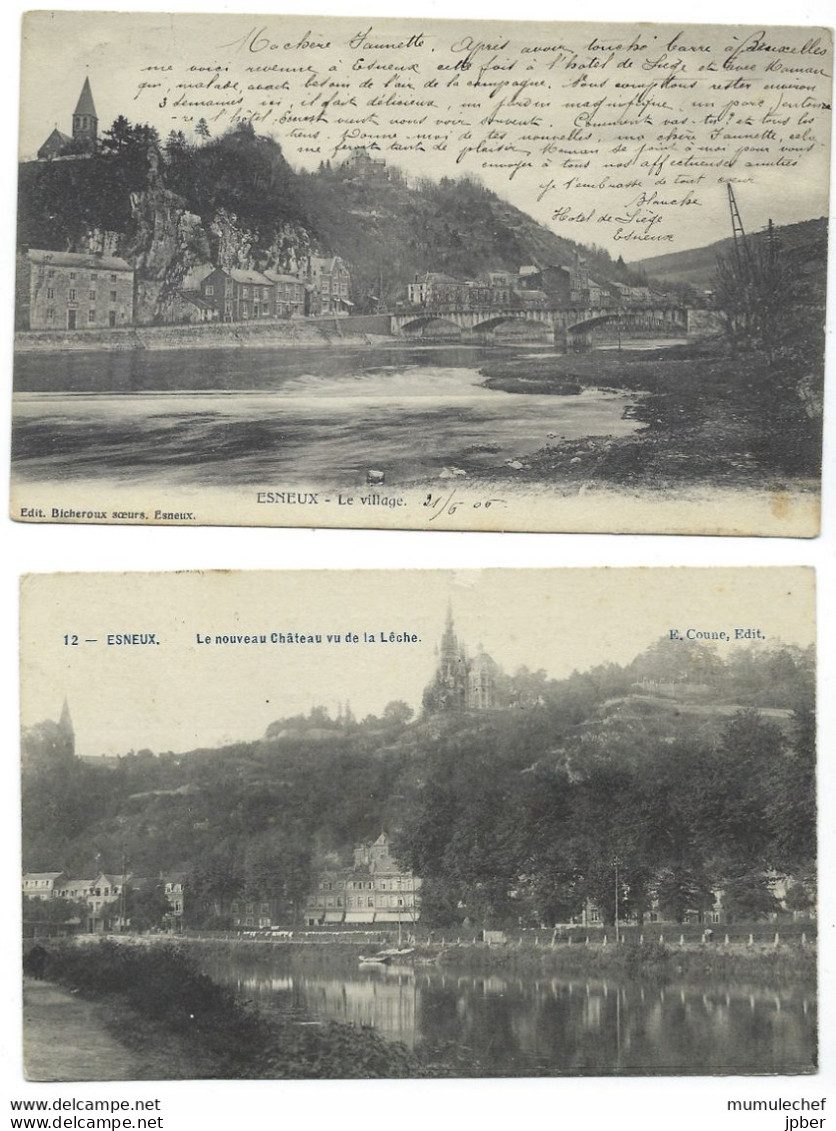 Belgique - ESNEUX - 2 CP - Le Village, Le Pont Sur L'Ourthe, Le Nouveau Châteaiu - Esneux