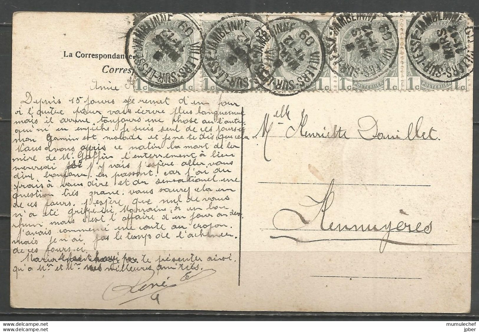 Belgique - N°81 (bande De 5) Obl. VILLERS-SUR-LESSE-JAMBLINNE Sur CP WEPION Du 8/3/1909 - 1893-1907 Wappen