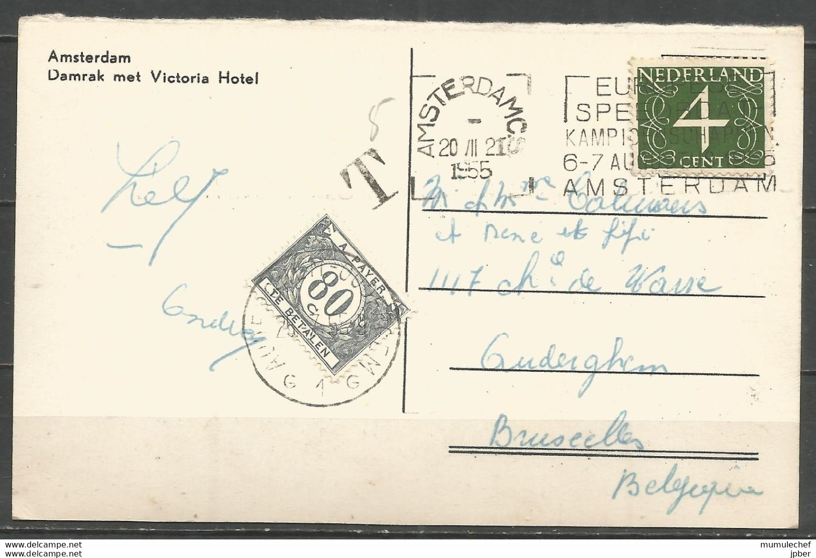 Belgique - Taxe TX42 Oblitéré AUDERGHEM Du 25/7/1955 Sur CP Vue Amsterdam Damrak Met Victoria Hotel - Lettres & Documents