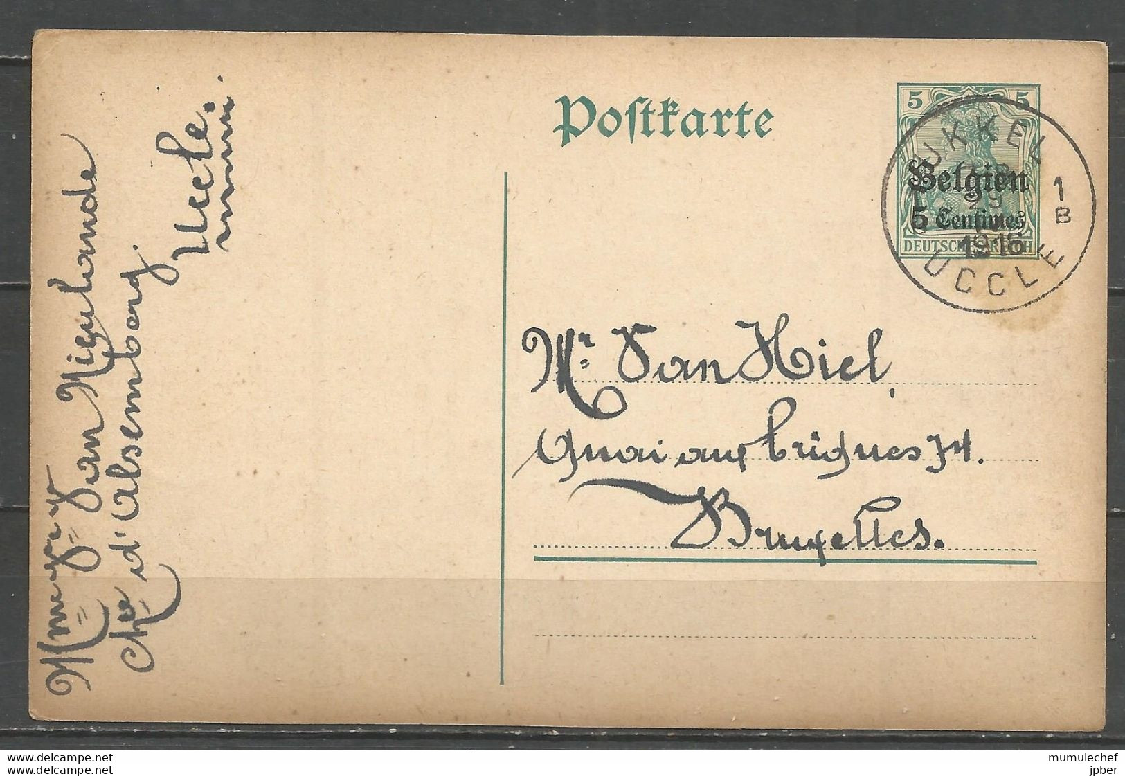 Belgique - Occupation Allemande - Carte Postale Type 1 (OC2) De UCCLE Sans Cachet Contôle Militaire - Deutsche Besatzung