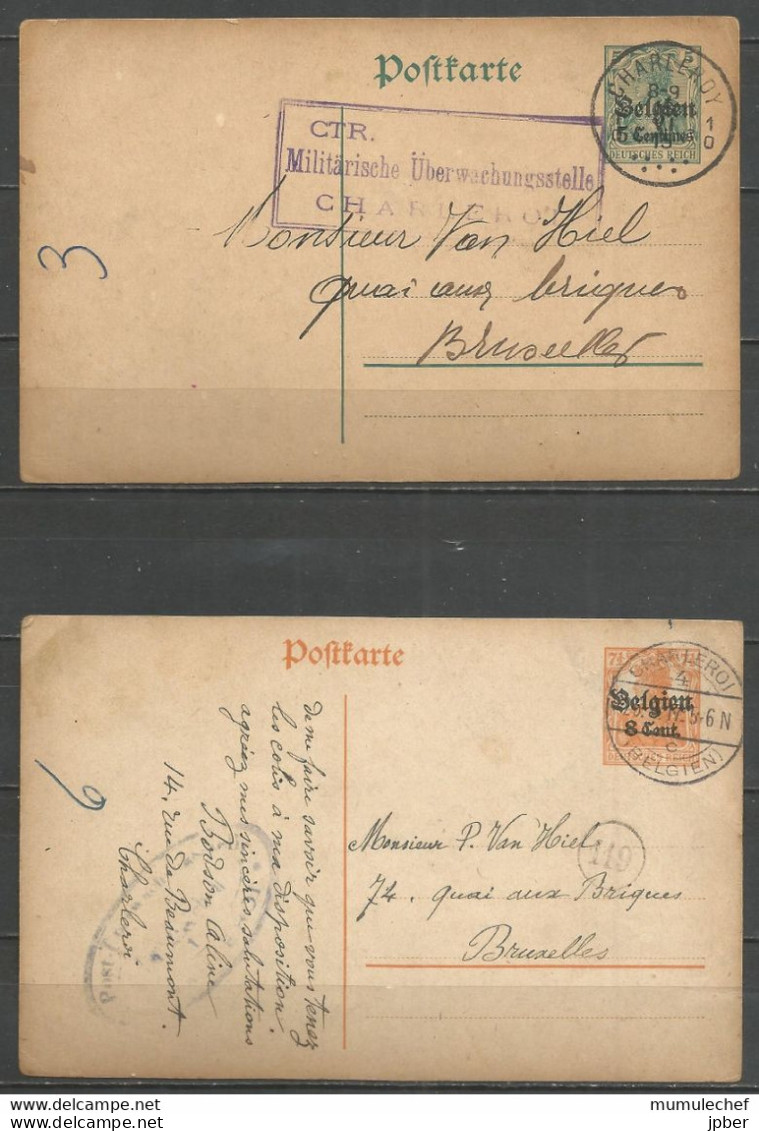 Belgique - Occupation Allemande - 4 Cartes Postales Type 1 (OC2) Et 10 (OC13) De CHARLEROI + Cachets Contrôle - German Occupation