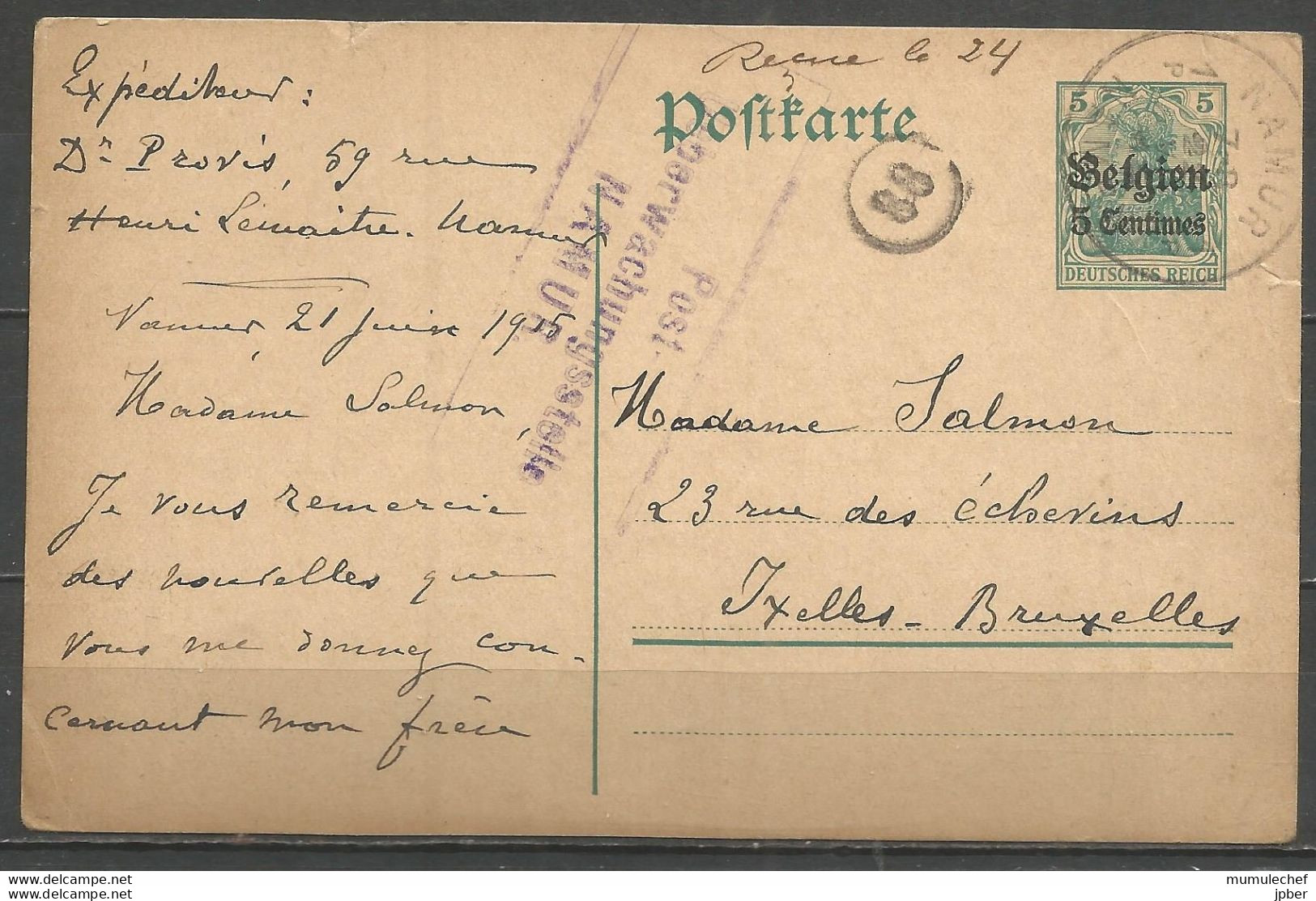 Belgique - Occupation Allemande - Carte Postale Type 1 (OC2) De NAMUR + Contrôle Namur - Duitse Bezetting