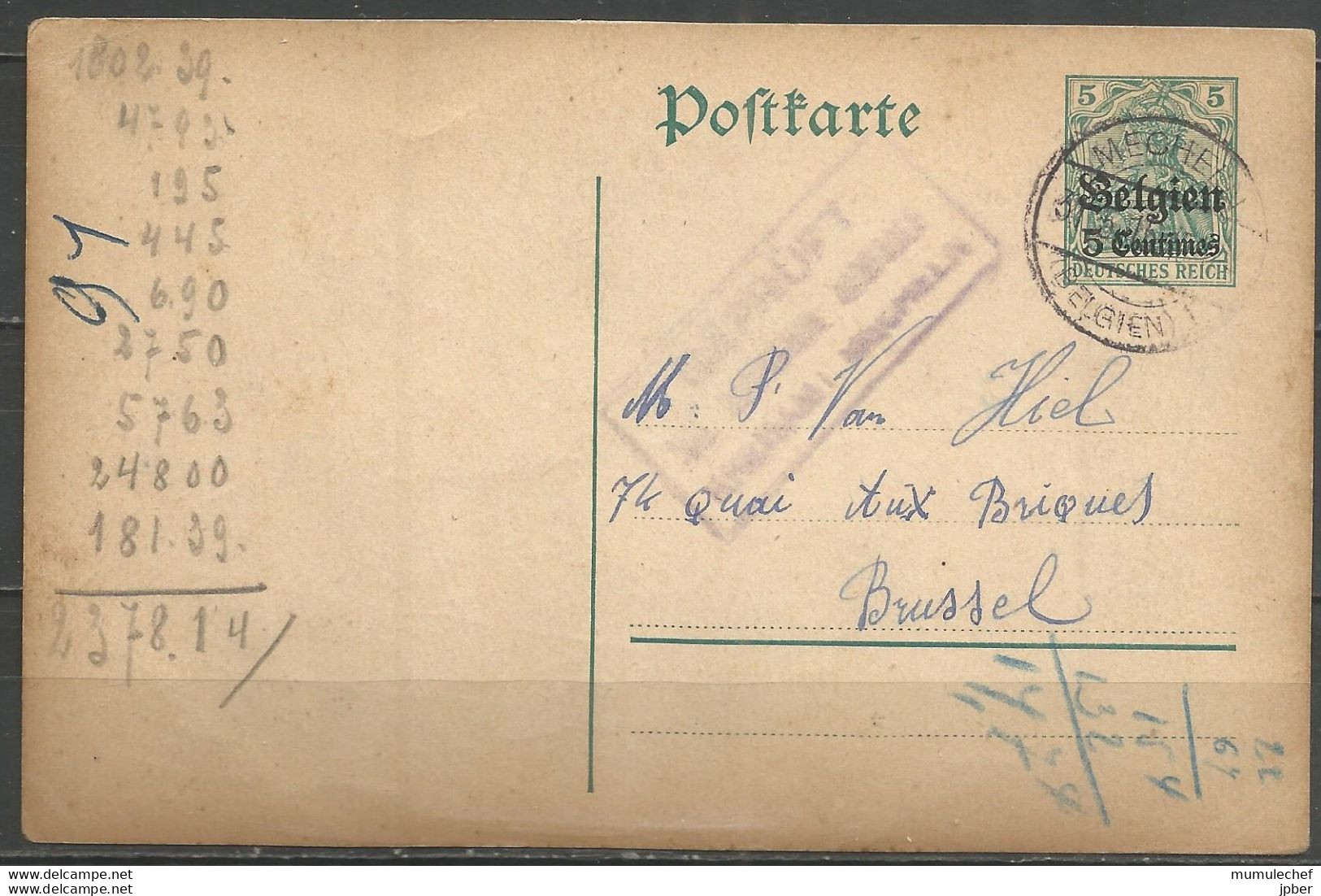 Belgique - Occupation Allemande - Carte Postale Type 1 (OC2) De MECHELEN + Contrôle Mechelen - Duitse Bezetting