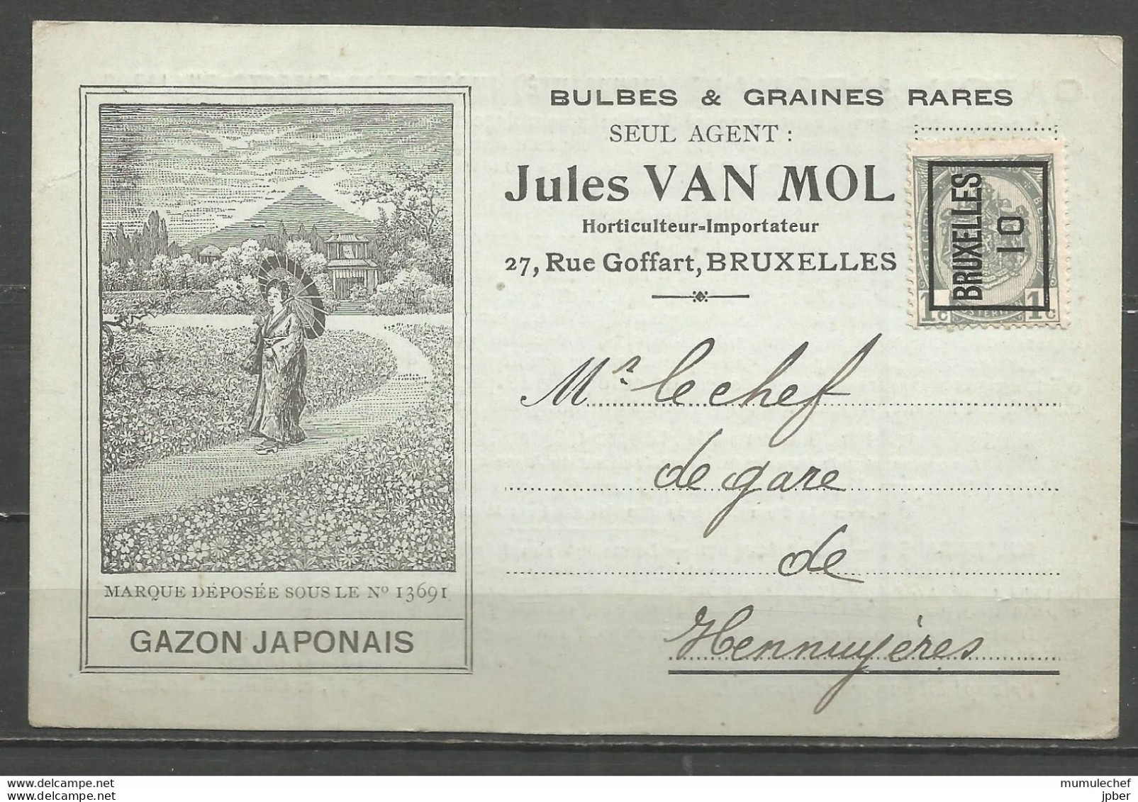 Belgique - Carte Postale Publicitaire - J. Van Mol, Horticulteur-Importateur, Bruxelles - Gazon Japonais, Bulbes Graines - Publicidad