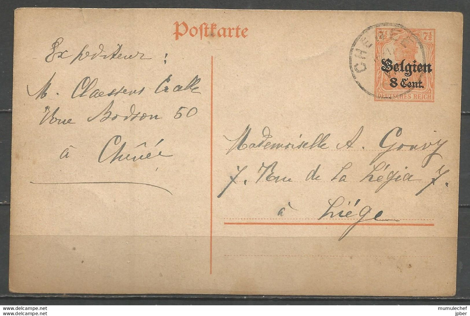 Belgique - Occupation Allemande - Carte Postale Type 10 (OC13) De CHENEE à Liège Sans Cachet De Contrôle Militaire - Deutsche Besatzung