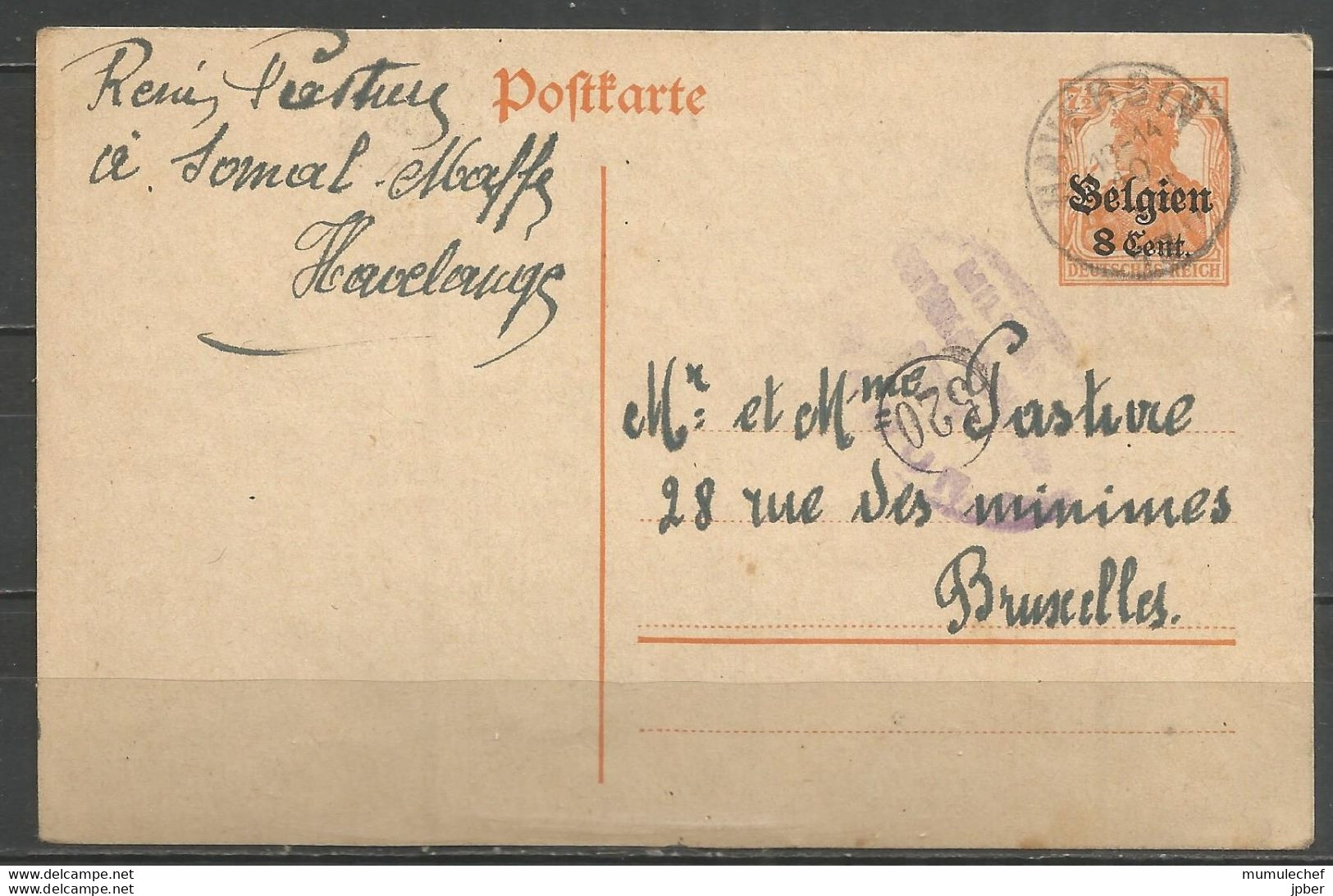 Belgique - Occupation Allemande - Carte Postale Type 1 (OC2) De HAL + Contrôle Bruxelles - Ocupación Alemana