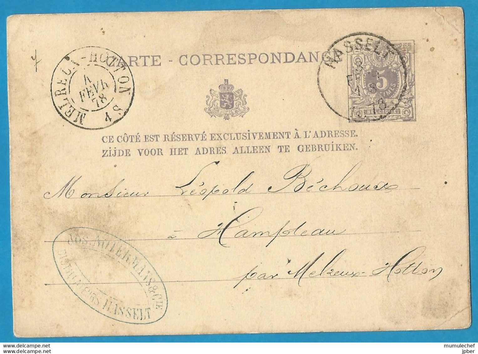 Belgique - Cartes Postales - Carte Correspondance Type 10 De Hasselt Du 3/2/78 Vers Hampteau Cachet MELREUX-HOTTON - Postkarten 1871-1909