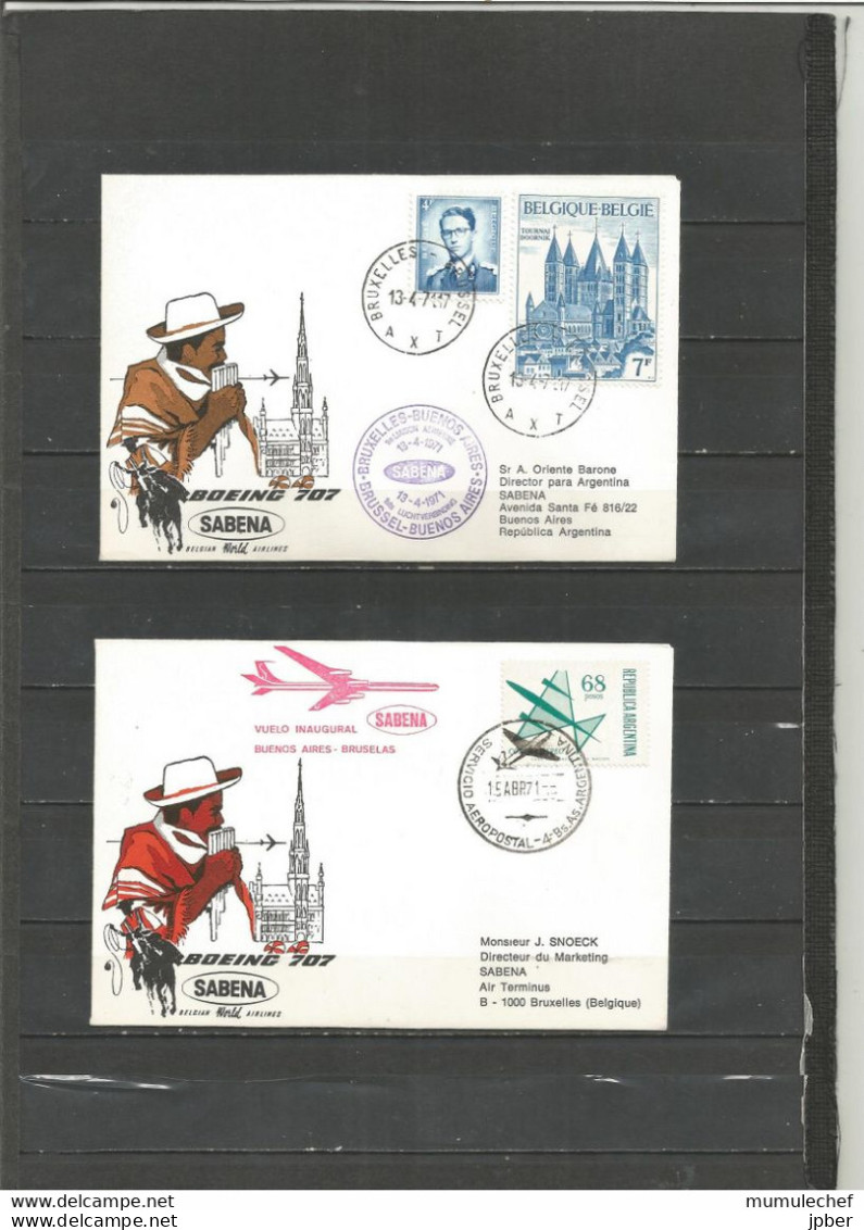 Belgique - Poste Aérienne - Sabena - 1ère Liaison Bruxelles - Buenos Aires (Argentine) 13/4/71 - Cartas & Documentos