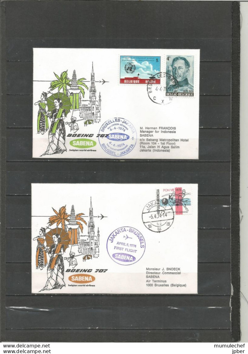 Belgique - Poste Aérienne - Sabena - 1ère Liaison Bruxelles - Jakarta (Indonésie) 4/4/1974 - Covers & Documents