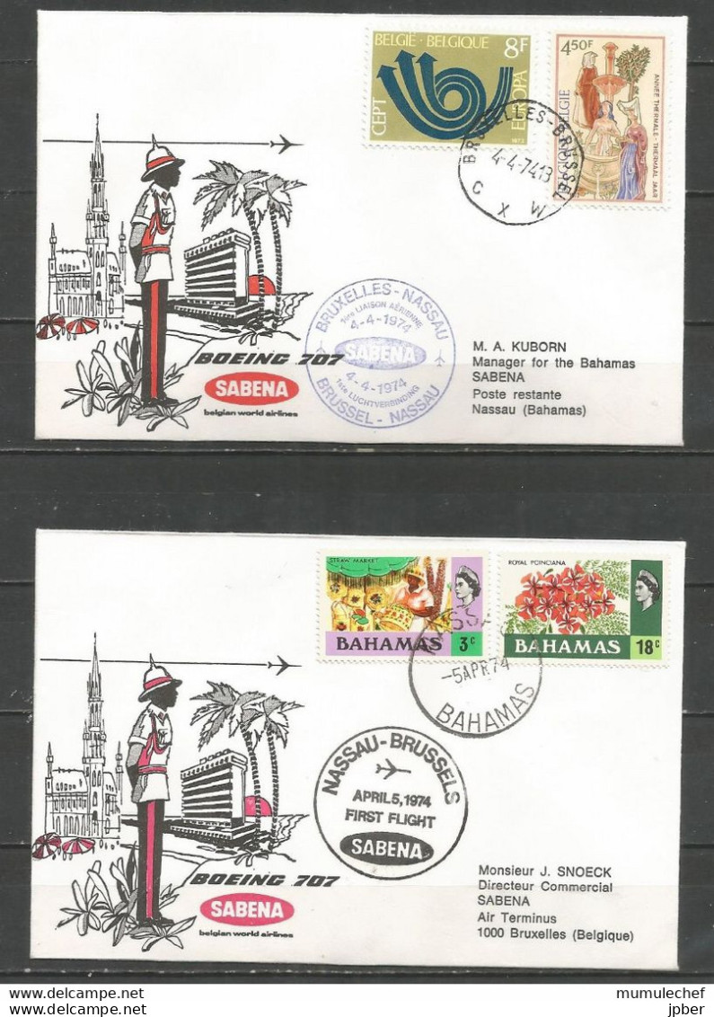 Belgique - Poste Aérienne - Sabena - 1ère Liaison Bruxelles - Nassau (Bahamas) 4/4/1974 - Lettres & Documents