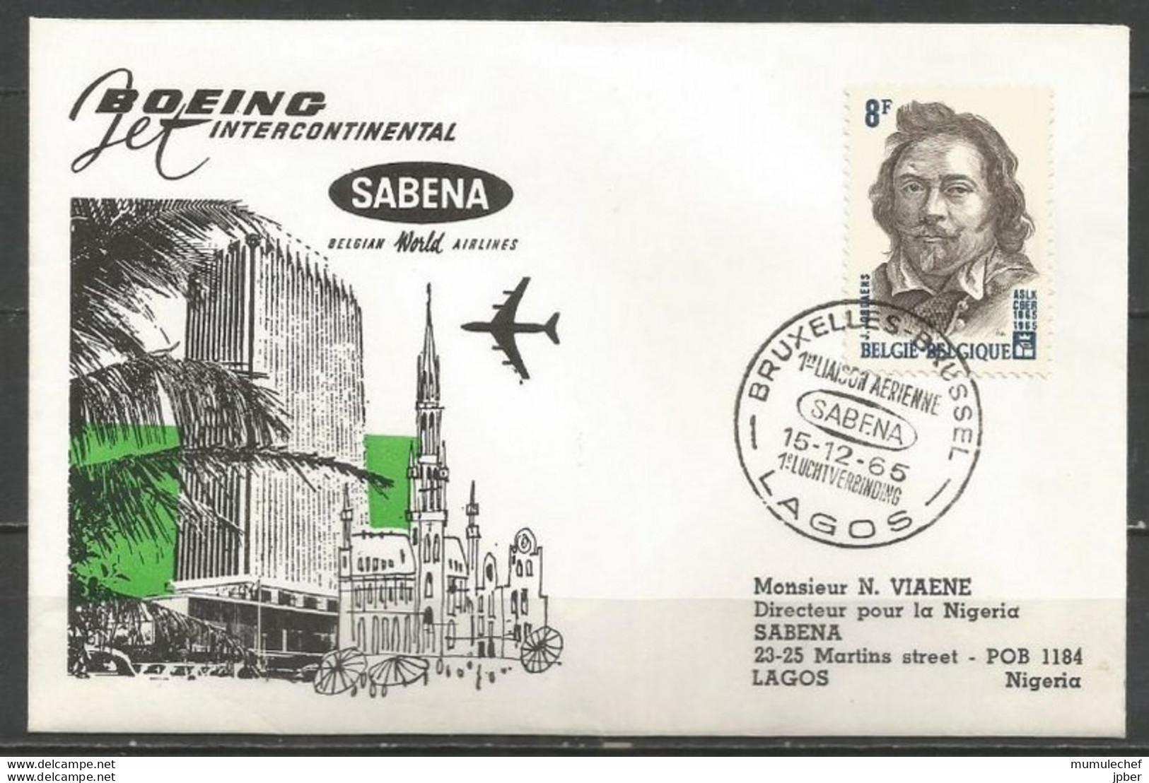 Belgique - Poste Aérienne - Sabena - 1ère Liaison Bruxelles-Lagos (Nigéria) 15/12/1965 - Cartas & Documentos