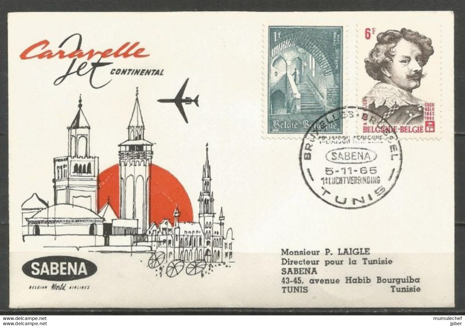 Belgique - Poste Aérienne - Sabena - 1ère Liaison Bruxelles - Tunis (Tunisie) 5/11/1965 - Storia Postale