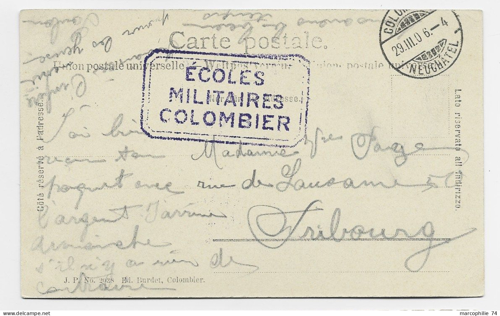 HELVETIA SUISSE CARTE COLOMBIER + RECTANGLE ECOLES MILITAIRES COLOMBIER - Postmarks