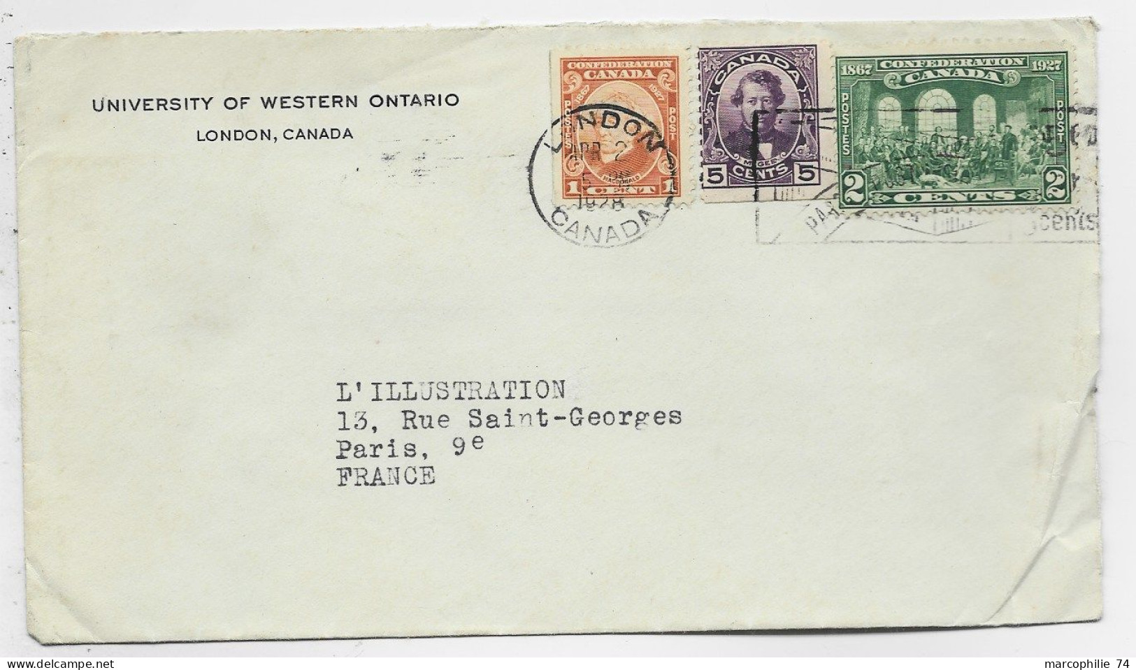 CANADA 1C+5C+2C LETTRE COVER MEC LONDON CANADA 1928 TO FRANCE - Covers & Documents
