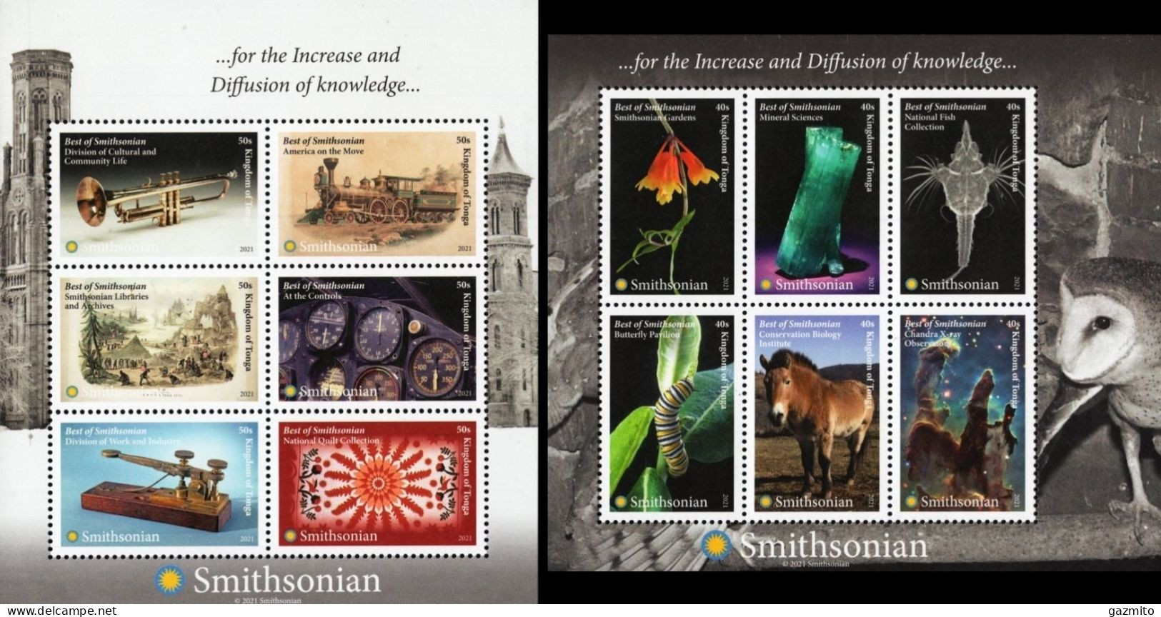 Tonga 2021, Smithsonian Museum, Trumpet, Train, Telegraph, Plane, Owl, Flower, Mineral, Insect, Donkey,12val In 2BF - Asini
