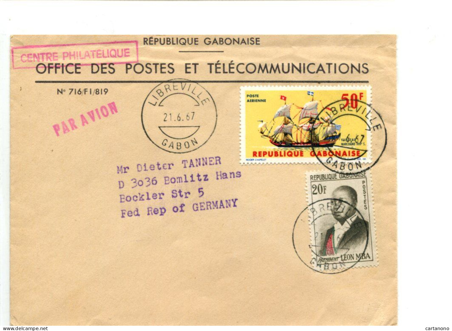 République Gabonaise - Affranchissement Sur Lettre Pour L'Allemagne - Voilier / Président - Gabón (1960-...)