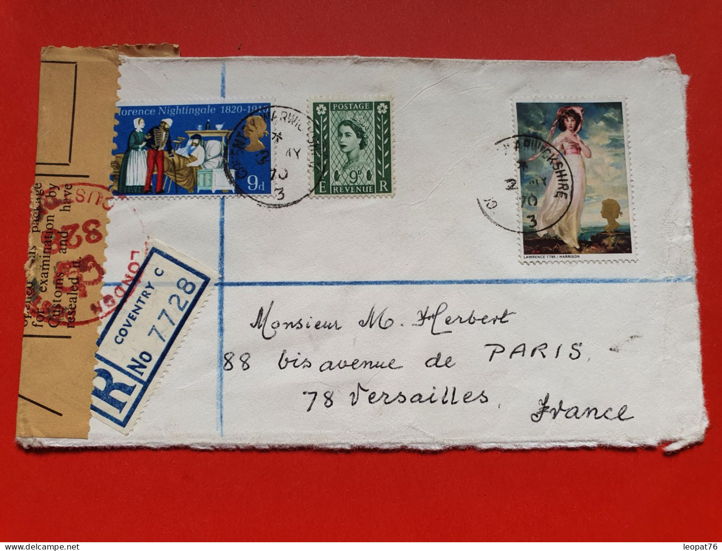 GB  - Enveloppe En Recommandé De Coventry Pour Versailles En 1970 Avec Contrôle Douanier - Réf 1659 - Storia Postale