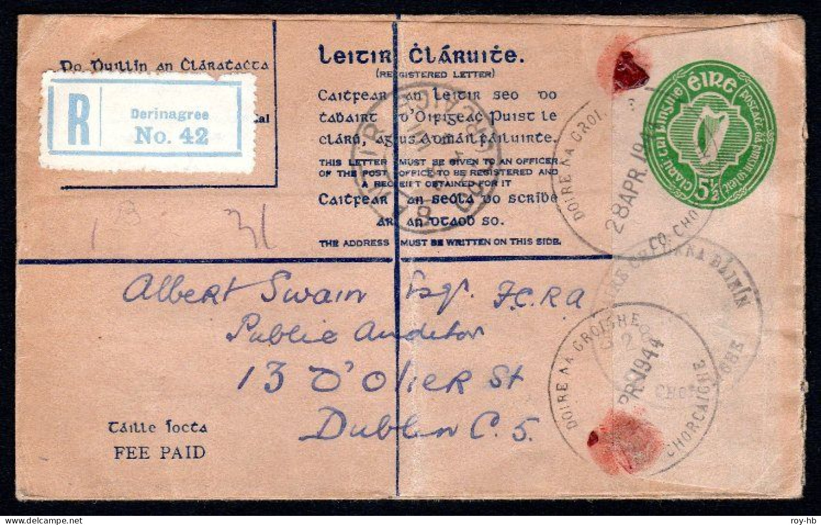 1943 5½d Format G With Black Overlay Print Inside, Neatly Used In 1944 From Derinagree To Dublin - Ganzsachen